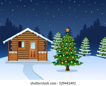 Vector illustration of Christmas night scene with a snowy wooden house and decorated fir tree