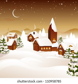 Vector Illustration of Christmas night in the Village