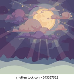 Vector illustration. Christmas. Night winter landscape with starry sky and moon