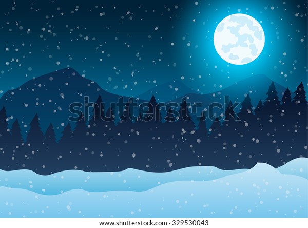 ベクターイラスト クリスマス 夜の冬の風景 降る雪と月の青の背景に木 のベクター画像素材 ロイヤリティフリー