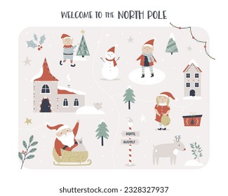 Imagen vectorial de la ciudad navideña del Polo Norte con Santa Claus, elfo, reno rudolf. Mapa de ciudad para tarjetas de felicitación de vacaciones, invitaciones, decoraciones