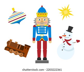 Vector illustration of a christmas nutcracker with snowman, spinner toy and toy locomotive