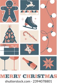 Vector illustration of Christmas objects set. Composition Happy New Year. Pine twig, branch, ribbon, star, candy, bow, lay top view. Postcard of tree decoration, xmas background