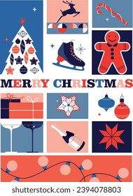 Vector illustration of Christmas objects set. Composition Happy New Year. Pine twig, branch, ribbon, star, candy, bow, lay top view. Postcard of tree decoration, xmas background