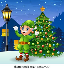 Vector illustration of Christmas old elf with christmas tree and snowfall falling at night background