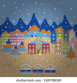 Vector illustration. Christmas illustration on neutral, blue and beige colors. Vector pattern with various cartoon houses.
