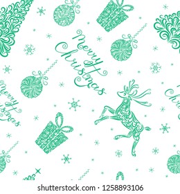 Vector illustration of Christmas ornament elements. Christmas tree, Christmas balls, reindeer, gift, snowflakes. Seamless background. Christmas pattern. Packaging in white and green colors. New Year.