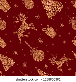 Vector illustration of Christmas ornament elements. Christmas tree, Christmas balls, reindeer, gift, snowflakes. Seamless background. Christmas pattern. Packaging in gold  and red colors. New Year.