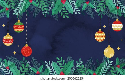 Vector illustration of Christmas ornaments and ribbon frame (watercolor background)