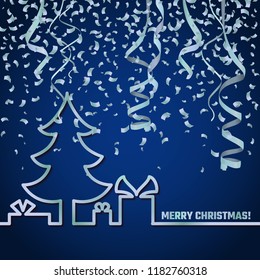 Vector Illustration of Christmas Outline BAckgound for Design, Website, Banner. New year and xmas Element Template. Christmas tree and box of gifts and present under it.