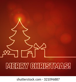 Vector Illustration of Christmas Outline Neon light BAckground for Design, Website, Banner. New year and xmas Element Template. Christmas tree and box of gifts and present under it.