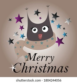 Vector illustration of a Christmas owl decorating with winter details like red stars and a winter scarf on the bird on beige background