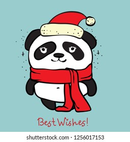 Vector illustration of christmas panda with Christmas and new year greetings. Cute panda with holiday hat