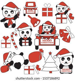 Vector illustration of christmas pandas. Cartoon winter panda with holiday hats