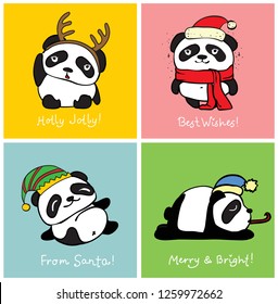 Vector illustration of christmas pandas and Christmas and new year greetings. Cute pandas with holiday hats