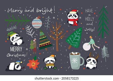 Vector illustration of christmas pandas and Christmas and new year greetings. Cute pandas with holiday hats