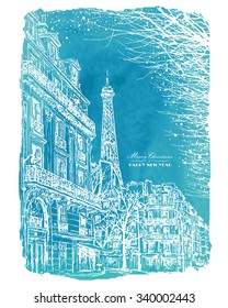 vector illustration Christmas Paris on watercolor background. Dusk, Illuminated houses in Paris and snow.