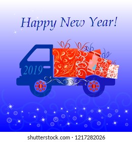 Vector illustration. Christmas party invitation poster template for New Year winter holiday.  Delivery truck with gift box.