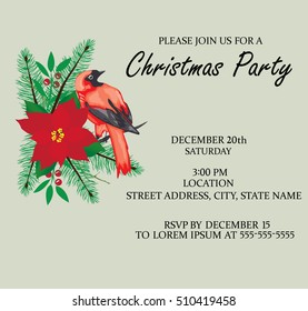 vector illustration of a Christmas party invitation card with bird, poinsettia