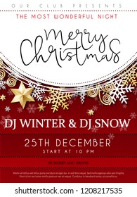 Vector illustration of christmas party poster template with hand lettering label - merry Christmas - with stars, sparkles, snowflakes and swirls.