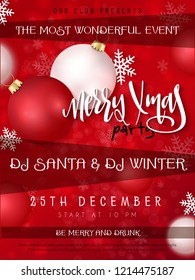 Vector illustration of christmas party poster template with hand lettering label - merry Christmas - with realistic baubles, snowflakes, and flares.