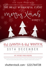Vector illustration of christmas party poster template with hand lettering label - merry xmas - with paper snowdrift and holiday spruces.