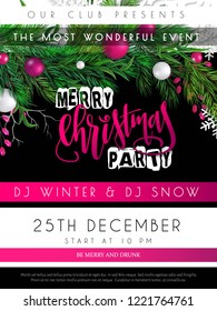 Vector illustration of christmas party poster template with hand lettering label - merry Christmas - with realistic fir-tree and eucalyptus branches, baubles, snowflakes, and decorative bead branches.