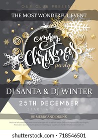 Vector illustration of christmas party poster with hand lettering label - christmas -with stars, sparkles, snowflakes and swirls.