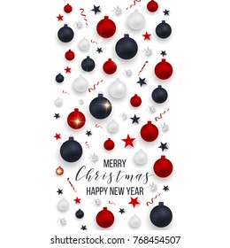 Vector illustration of christmas party poster with hand lettering label - christmas - with stars, sparkles, snowflakes, balls, branches, wreath. Template for flyer, banner, poster, card, menu.