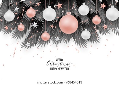 Vector illustration of christmas party poster with hand lettering label - christmas - with stars, sparkles, snowflakes, balls, branches, wreath. Template for flyer, banner, poster, card, menu.