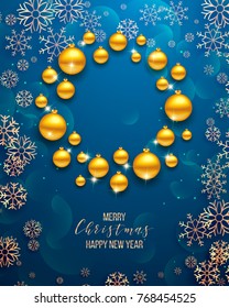 Vector illustration of christmas party poster with hand lettering label - christmas - with stars, sparkles, snowflakes, balls, branches, wreath. Template for flyer, banner, poster, card, menu.