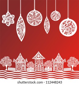 Vector illustration of christmas pattern background red and white balls and houses