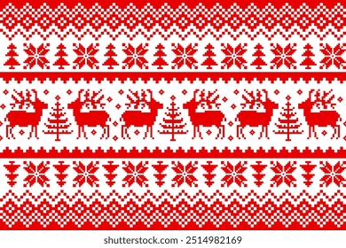 Vector illustration, Christmas pattern red background. Download Christmas wallpaper. Crossstitch pattern  High quality resolution for clothing decoration, embroidery. Christmas holidays.
