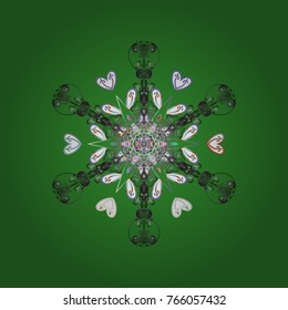 Vector illustration. Christmas pattern with snowflakes abstract background. Green, gray and white snowflakes. Holiday design for Christmas and New Year fashion prints.