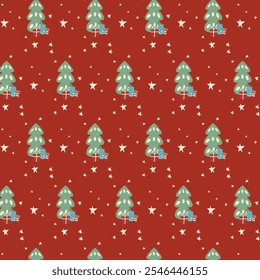 Vector illustration for Christmas Pattern (Tree, Gifts, Stars) with Red background