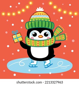 Vector illustration with a Christmas penguin in a hat and scarf. Christmas card in cartoon style with an animal.

