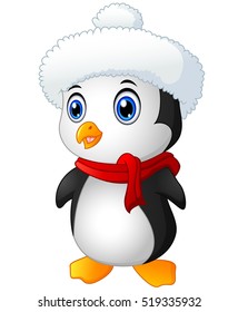 Vector illustration of Christmas penguin with santa hat and scarf 