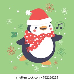 Vector illustration of Christmas penguin wearing a red santa hat and scarf in the holiday winter chill and ice skating