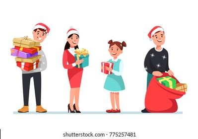 Vector illustration christmas people winter clothing with gift box cartoon style. Happy men and women doing Christmas shopping and give presents isolated