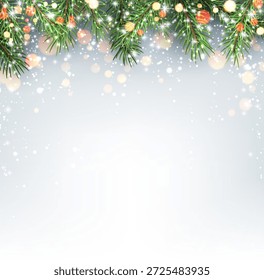 Ilustración vectorial de ramas de pino de Navidades con luces brillantes y bokeh, creando un fondo festivo de vacaciones con espacio de copia.