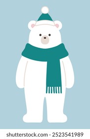 Vector illustration of a Christmas polar bear. Winter, scarf, hat