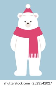 Vector illustration of a Christmas polar bear. Winter, scarf, hat