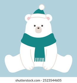 Vector illustration of a Christmas polar bear. Winter, scarf, hat