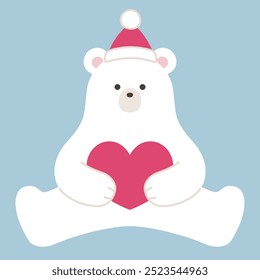 Vector illustration of a Christmas polar bear. Winter, hearts, hat, polar bear, polar bear