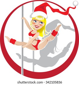 Vector illustration of Christmas pole dancer in Santas hat