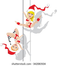 Vector illustration of Christmas pole dancers in Santas hats