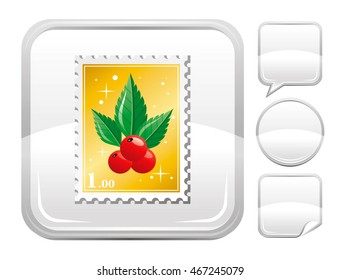 Vector illustration of christmas post stamp icon. Blank button form set - square, speaking bubble, circle, sticker.
