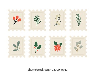 Ilustración vectorial del sello postal de Navidad con plantas de invierno:  baya, mistletoe, poinsettias, pino, cedro. El concepto de vacaciones de invierno. La estampilla dibujada a mano aislada en fondo blanco.