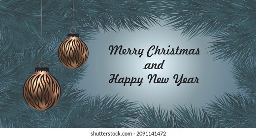 Vector illustration of a Christmas postcard. The frame of spruce branches with tiger balls creates a Christmas atmosphere. The card is supplemented with greeting lettering.
