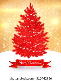 Vector illustration of Christmas postcard in red and gold colors with fir tree and ribbon banner. 
